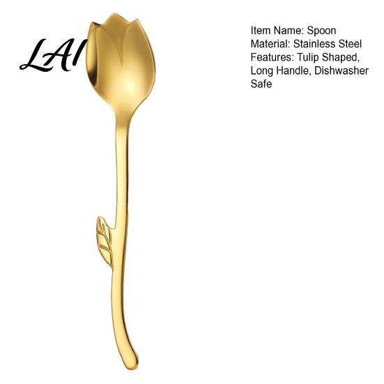 Romantic Tableware Tulip Shaped Stainless Steel Spoon Long Handle Coffee Ice Cream Decorative Spoon Dessert Serving with Hanging Hook Kitchen