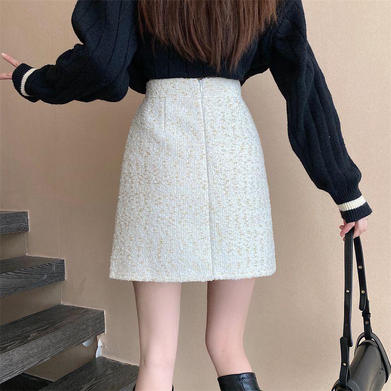 Фиолетовые твидовые юбки, женские облегающие юбки-карандаш с высокой талией, винтажные осенне-зимние тонкие корейские элегантные короткие мини-юбки