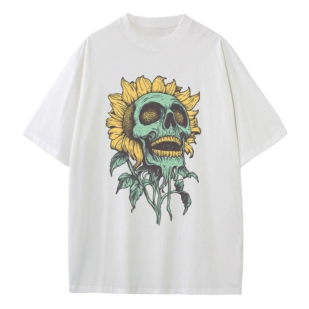 Cotton Oversized T Shirt Graphic Tees Sunflower Skull Street Clothes Heavy Comfort Drop Shoulder Vintage T Shirts Mens Tops