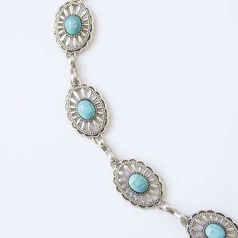 Bohemian Style Oval Turquoise Waist Chain Retro Decoration Belts For Women Girls  Versatile Dress Coat Carved Accessories