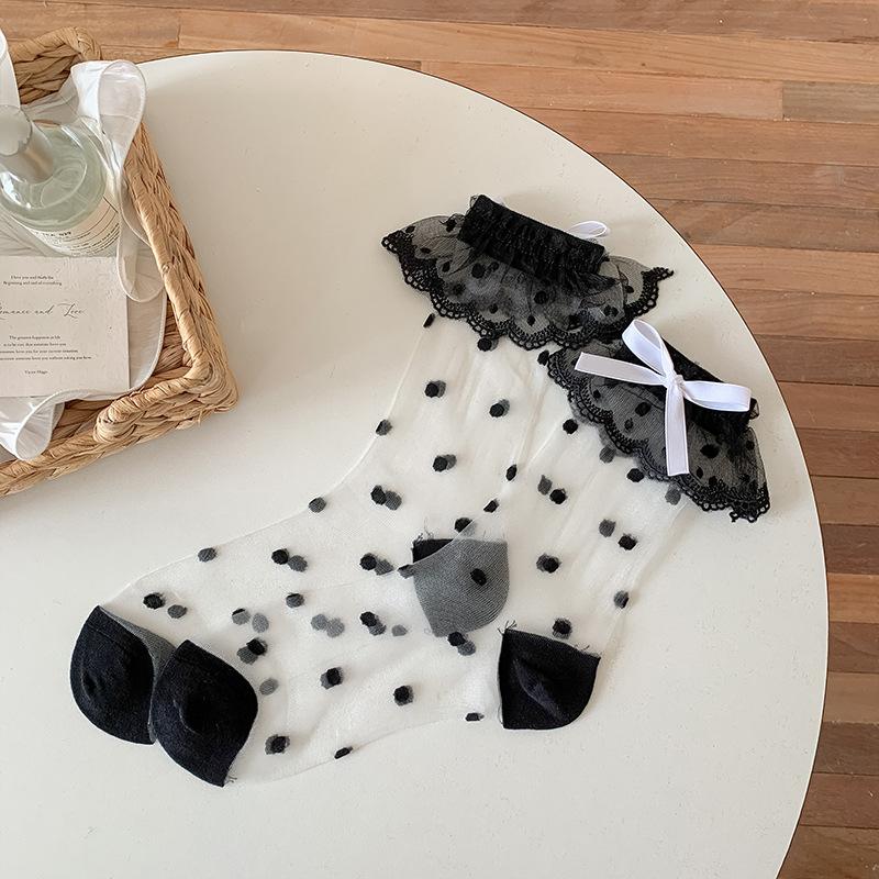 3-6pcs Glass Stockings Children's Spring and Summer Thin Lace Lace Lace Mid Tube Socks Sweet Bow Polka Dots