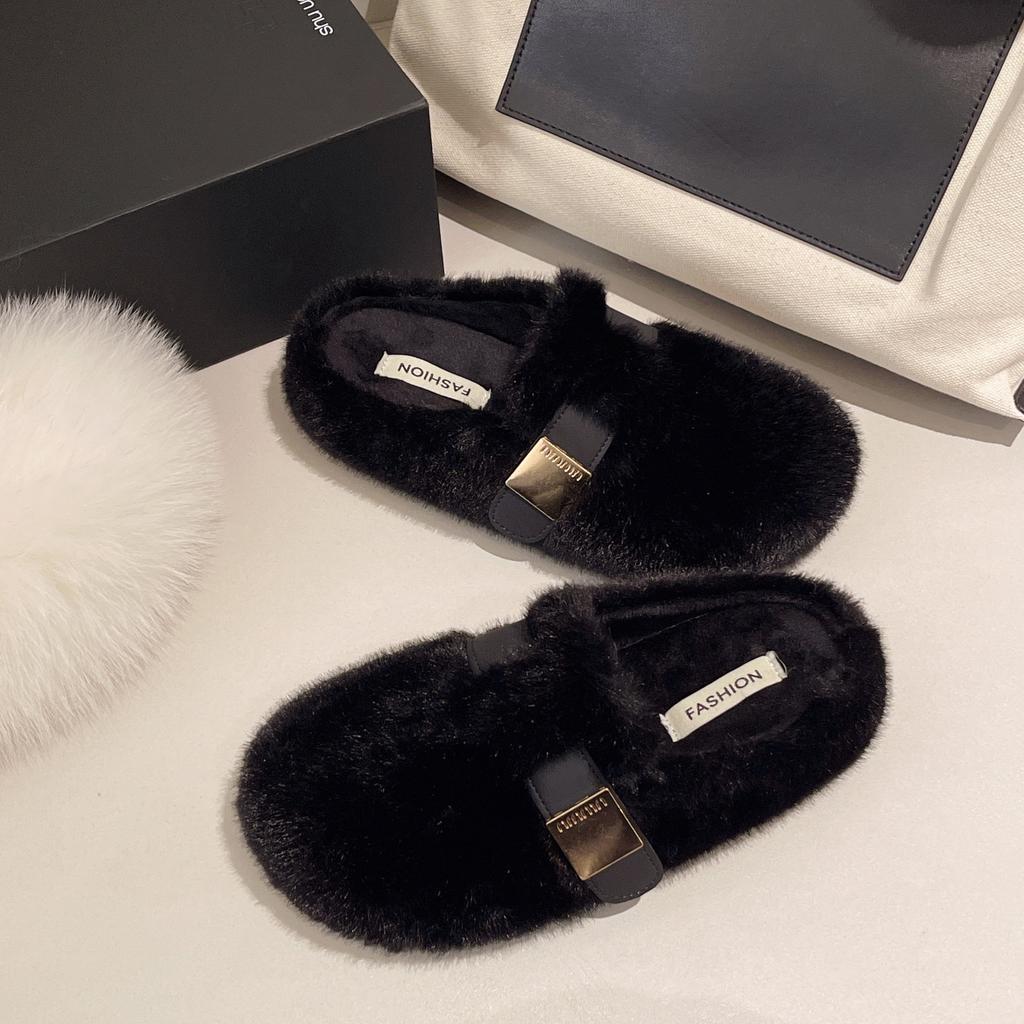 Flat-bottomed Bag Head Fluffy Slippers for Women's Outer Wear 2025 New Autumn and Winter High-end One-pedal Mink Plush Cotton Slippers