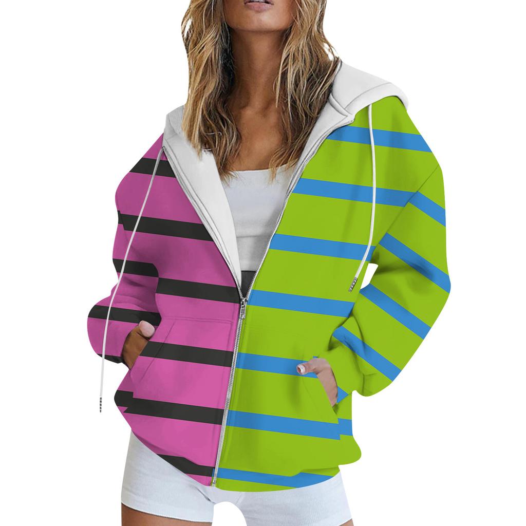 Women's Long Sleeve Print Sweatshirt Long Sleeve Pocket Jacket Zipper Hoodie Coat