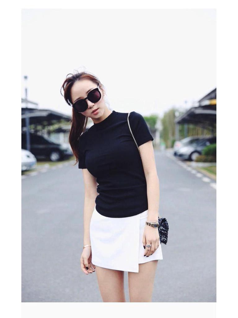 Корейская женская облегающая однотонная футболка с коротким рукавом и полуворотом