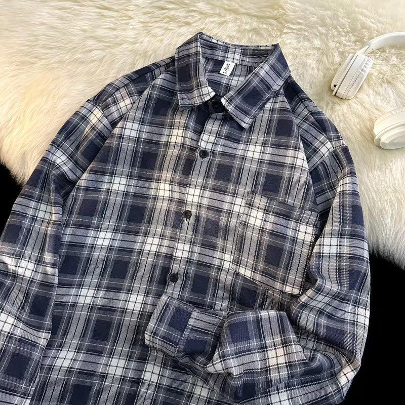 Мужская шикарная рубашка-кардиган с длинным рукавом в корейском стиле, в клетку ретро, с защитой от солнца - Осенняя мода