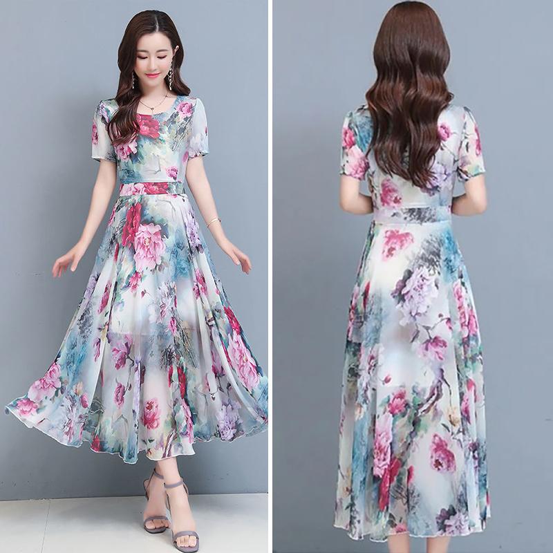 New Elegant Floral Fashion Dress Women's Summer Fashion Cover Belly Slim Long Flowing Dress Beach Skirt.