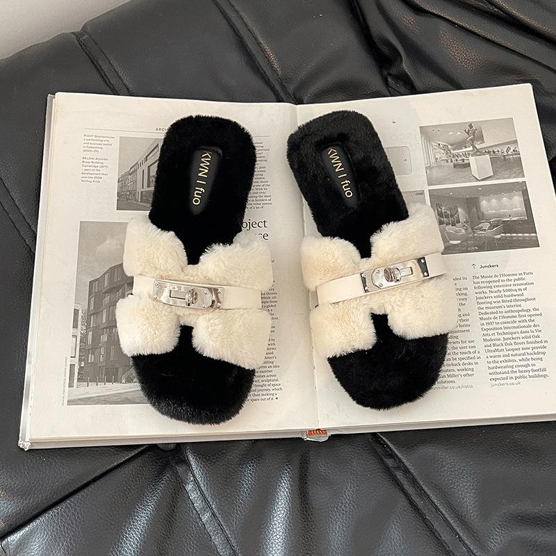 Мода осень-зима 2025, простые шлепанцы с пряжкой, пушистые тапочки интернет-знаменитости, женская повседневная обувь на толстой подошве, хлопковые туфли на перемычке