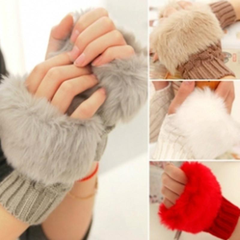 1 Pair Women Lovely Winter Glove Patchwork Knitted Imitation Rabbit Hair Half Finger Warm Gloves