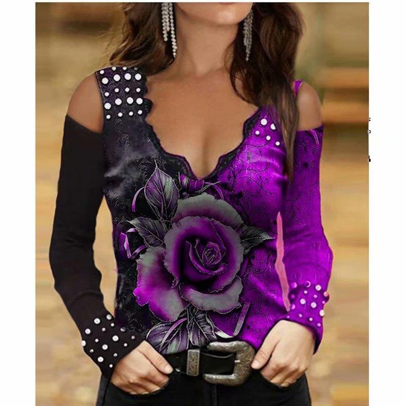 Женские модные повседневные блузки с V-образным вырезом и цветочным принтом, топы с длинным рукавом, женская свободная футболка без бретелек, рубашка из хлопка большого размера