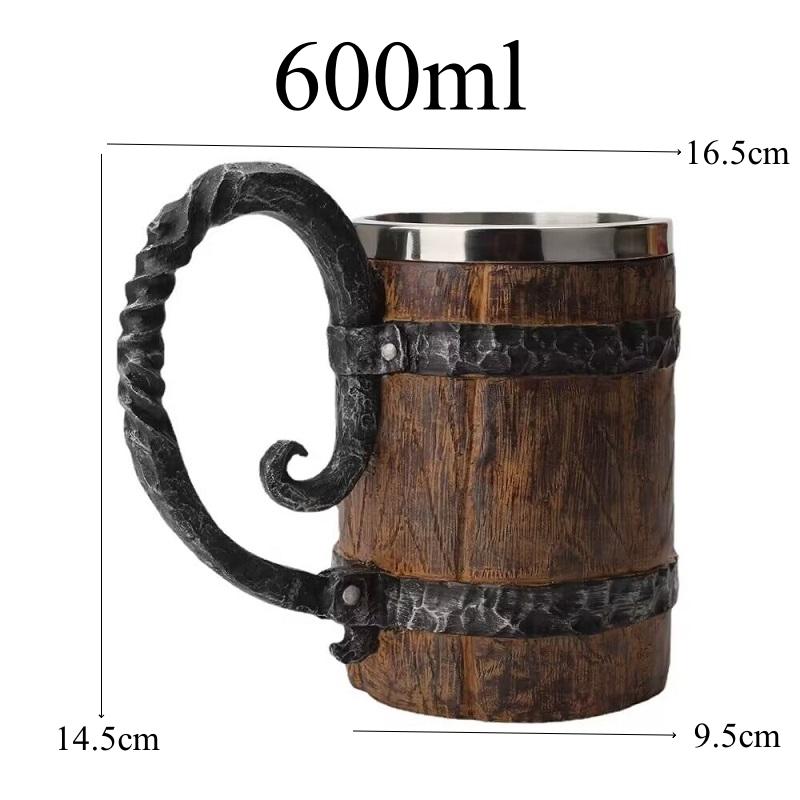 600ml Viking Wood style Beer Mug Christmas Gift Simulation Wooden Barrel Cup Double Wall Drinking Mug Metal Insulate Bar kit