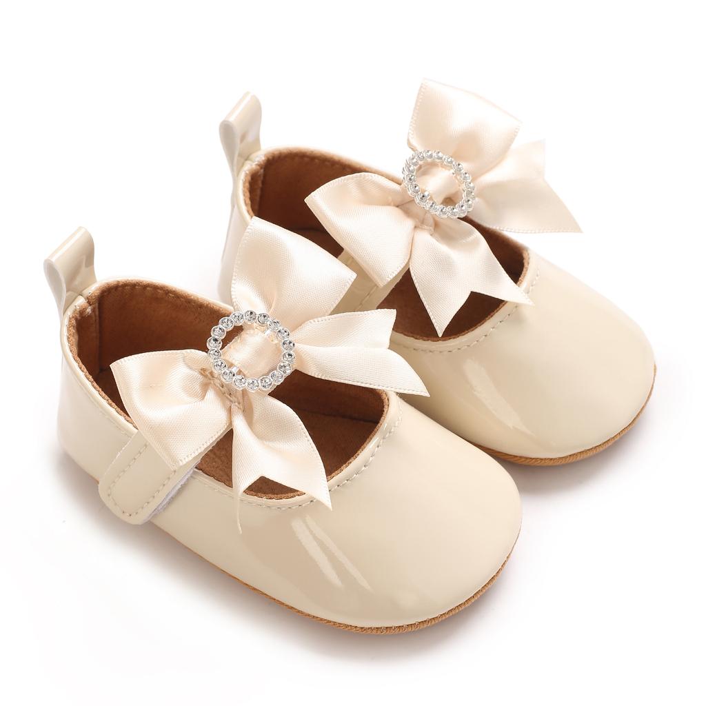 Khaki 0-18M Baby Casual Shoes Infant Toddler Bowknot Non-slip Rubber Soft-Sole Flat PU First Walker Newborn Bow Decor Mary Janes