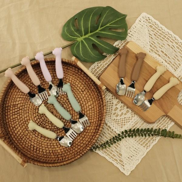 TGM Baby Portable Bear Silicone Petite Stainless Steel Spoon + Fork + Case Set, 1 Set, Coral Pink (spoon, Fork), Random Delivery (case)