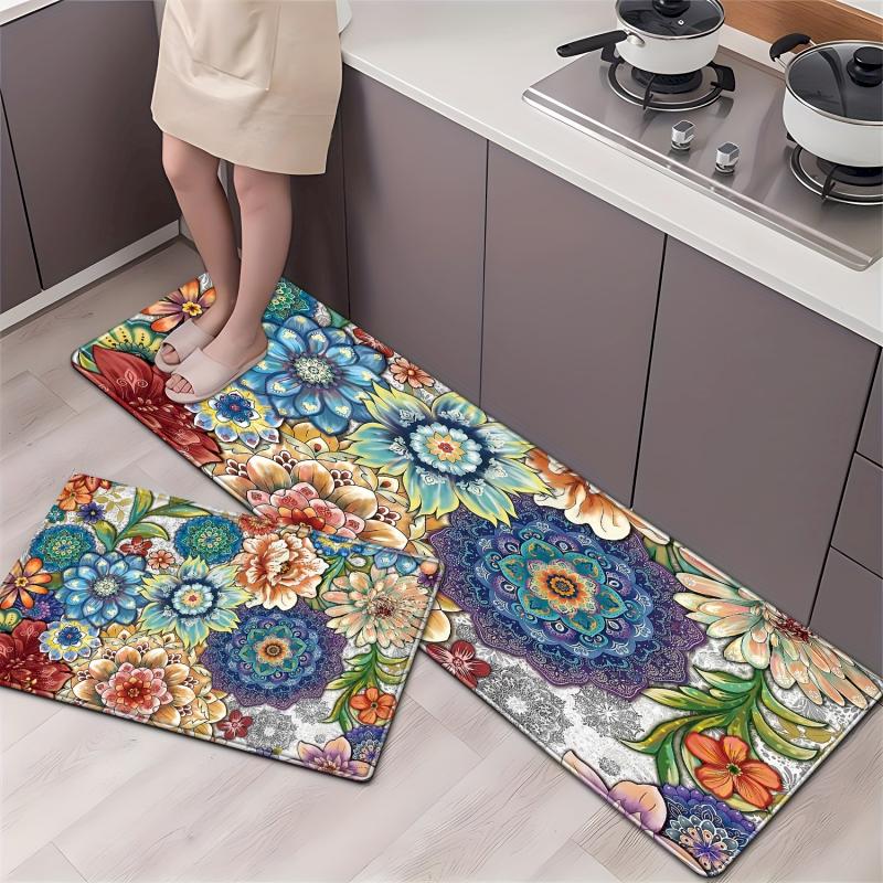 Mandala Colorful Flower Floor Mat Kitchen Anti slip Carpet Retro Flower Bohemian Printed Floor Mat Home Decoration