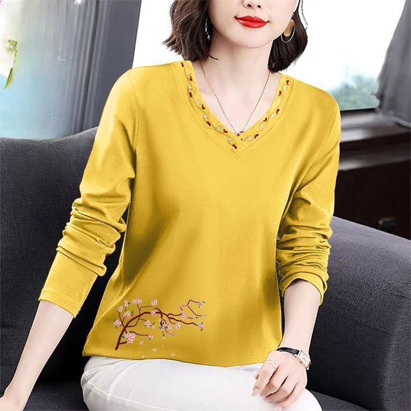 Long Sleeve Shirt Women Slim Fit Autumn Wear Plus Size Embroidered Floral Collar Top Mom Fall Spring Blouse