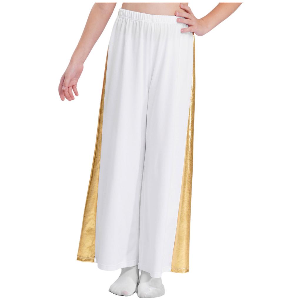 Girls Liturgical Dance Pants Metallic Patchwork High Waist Elastic Band Wide Leg Loose Trousers