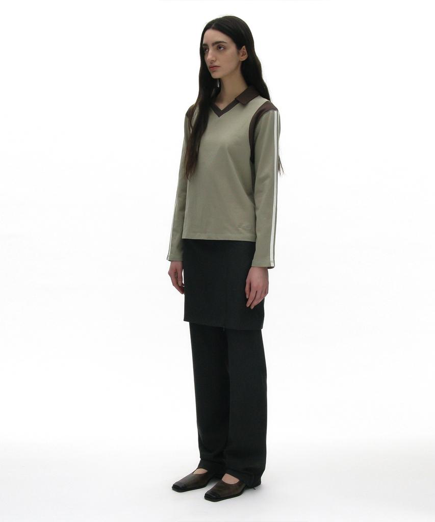 PARTIMENTO WOMEN Striped Colorblock Polo Tee_Light Khaki