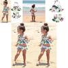 Charming 2pcs Girls Ruffle Floral Bikinis Set Featuring Adorable Flamingo Design