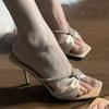 Fashion New Summer Square Bow Rhinestone High Heels Women's Thin Heel One-line Sandals and Slippers Women's Outward Wear Versatile