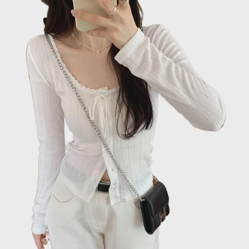 Футболка-кардиган с длинным рукавом и французским кружевом - женская весенняя коллекция