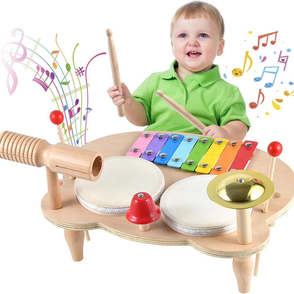 Детская барабанная установка Детские музыкальные инструменты Игрушки Монтессори Деревянный ксилофон Дошкольный музыкальный комплект Ударные игрушки Бубен День рождения