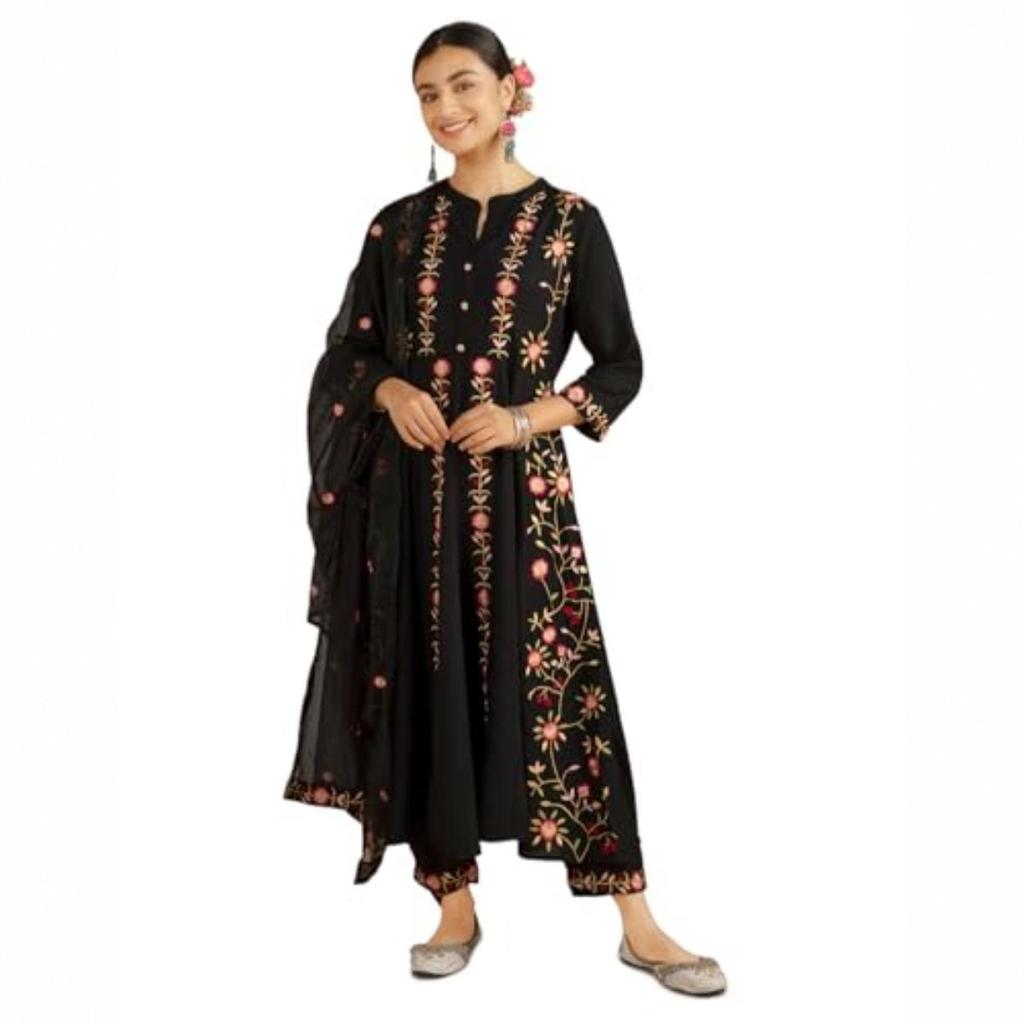 Kaari Women?s Embroidered Anarkali Kurta Set with Organza Dupatta, Multi-Color Embroidery & Pant with Pocket