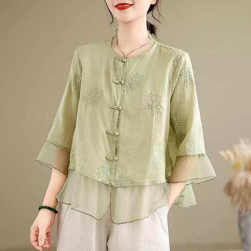 Повседневная рубашка в китайском стиле для женщин, поступление, лето, винтаж, О-образный вырез, цветочная вышивка, свободные женские хлопковые топы, рубашки