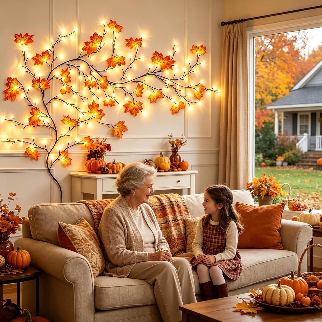 Fall Willow Vine Lights for Wall, 5.9FT 96LEDs Maple Leaves Tree Branch Lights with 8 Lighting Modes, Battery Operated Branch Lights for Fireplace