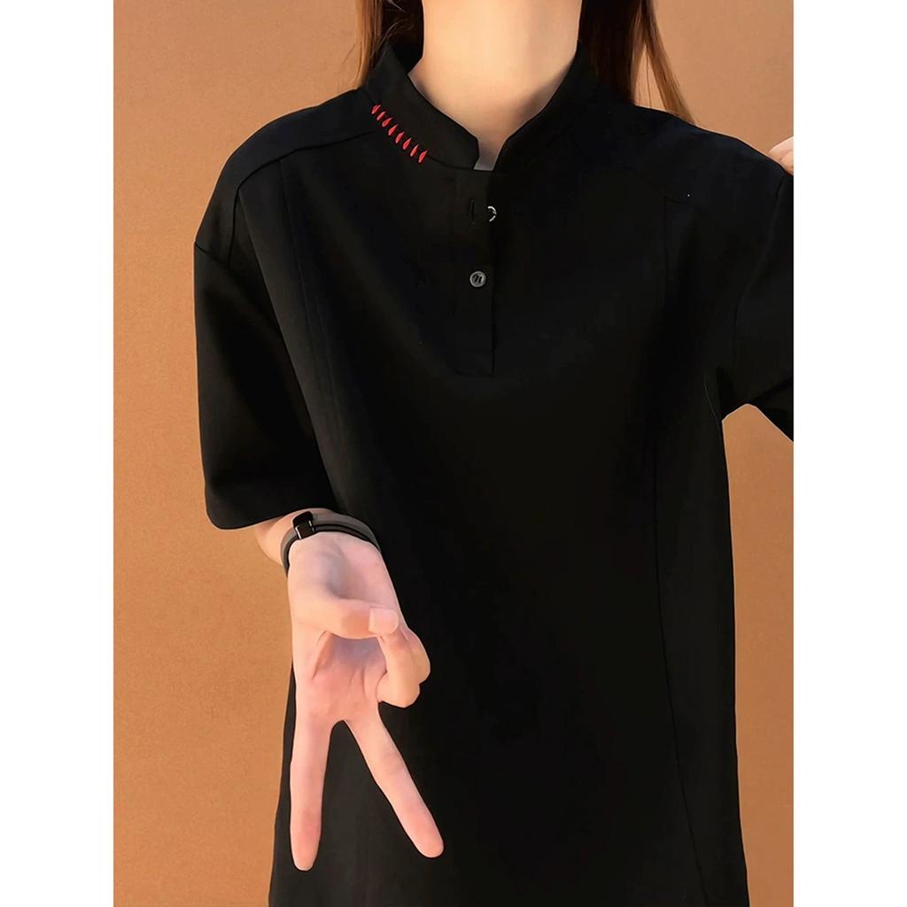 Black American embroidered short-sleeved men's summer design splicing t-shirt front shoulder heavy polo shirt half sleeve