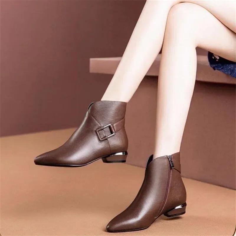 Зимние модные женские ботинки на молнии в стиле ретро из кожи и бархата, ботильоны на толстом каблуке, размер плюс 41, туфли на высоком каблуке