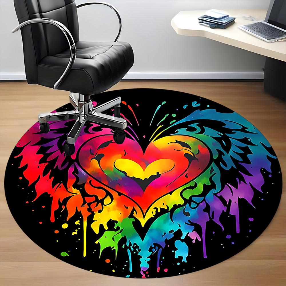 1PC Heart Rainbow Office Round Area Rug,  Mat Suitable ForOffice, Under Office Chairs Bedroom Living Room Home Decor, Room Deco