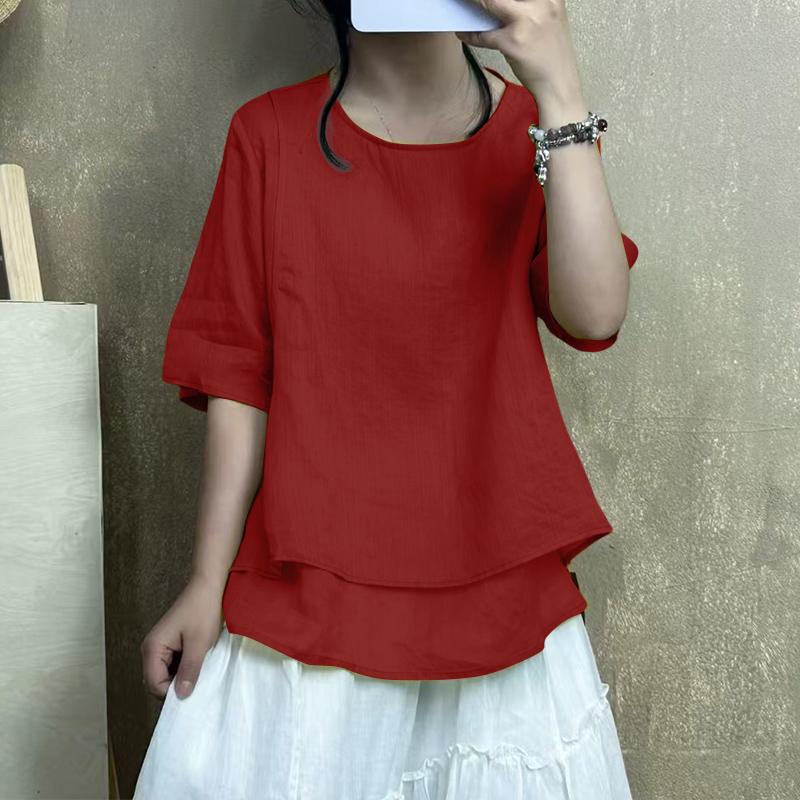 ZANZEA Женская летняя блузка с круглым вырезом, свободного кроя, с рукавом до локтя