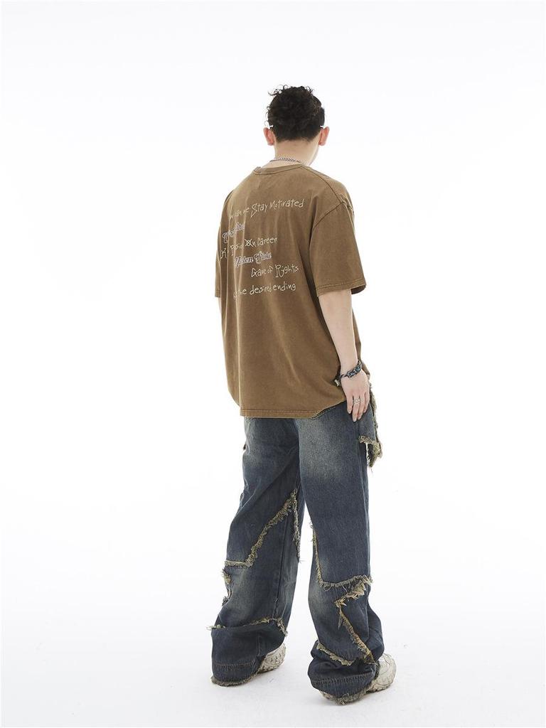 American Retro Distressed Wide-Leg Jeans with Pentagram Design and Big Pockets for Men
