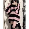 Women's Black and Pink Striped Sweater, Loose Fit, Medium-Long, Lazy Style, 2024 Spring/Autumn Fashion Top.