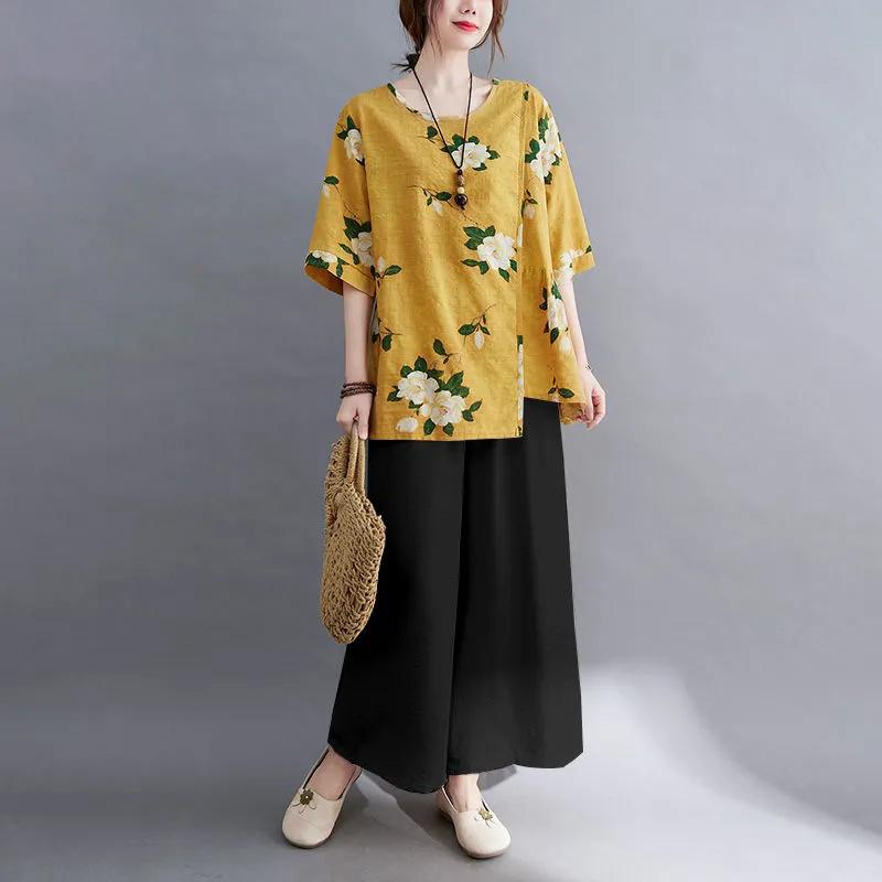 Брючный костюм женский хлопковый льняной повседневный тонкий топ с коротким рукавом удобные брюки комплект из двух предметов