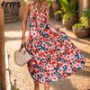 Женская мода лето-весна с цветочным узором и принтом без рукавов с v-образным вырезом и высокой талией повседневные платья
