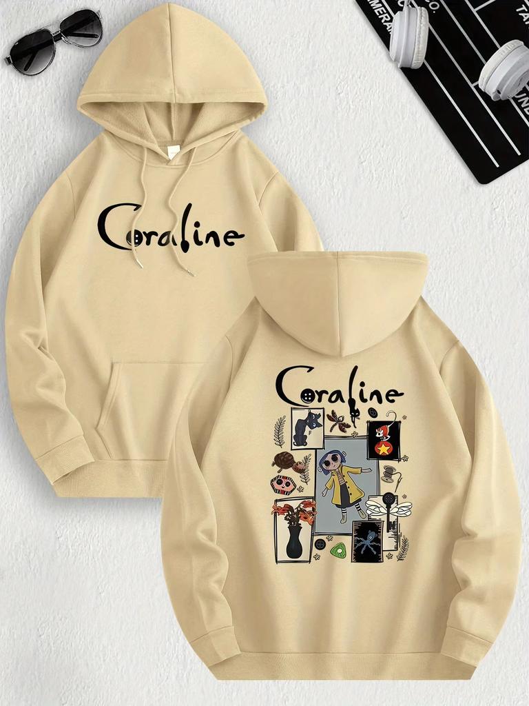 Coraline Inspired Casual Hoodie for Women's Polyester Knit Fabric Long Sleeve Regular Fit Hooded Pullover with Slight Stretch