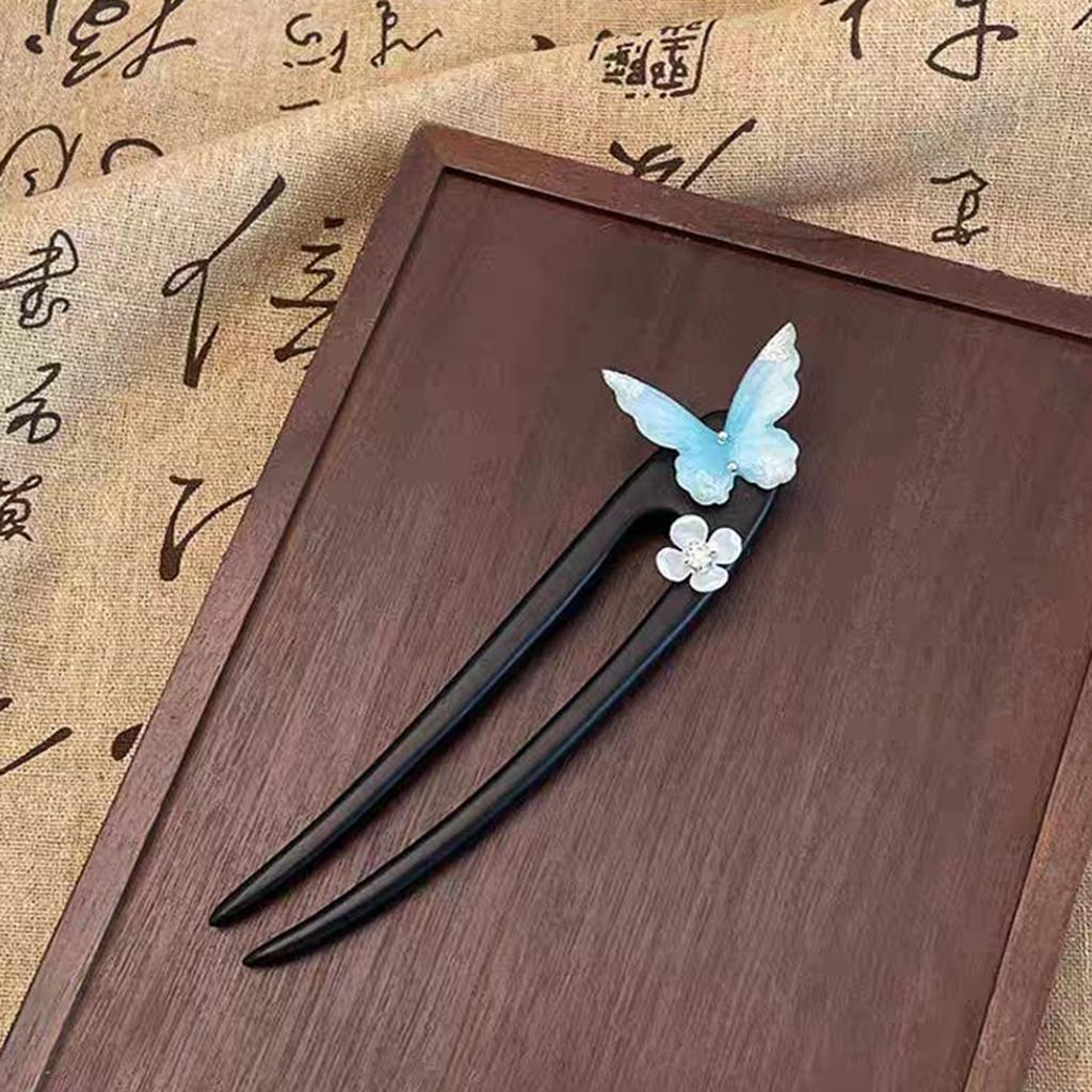 Деревянные палочки-вилки для волос в форме U, синие бабочки и цветочные дизайны, женские, для девочек, украшение для пучка волос, летний держатель для хвостика