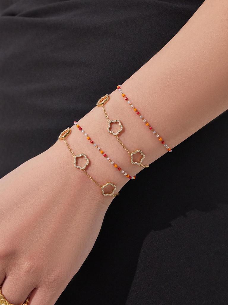 Набор из ожерелья и браслета с цветами из циркония, покрытый 18-каратным золотом, на основе нержавеющей стали, с бусинами из натуральных камней - Украшения в стиле легкой роскоши.