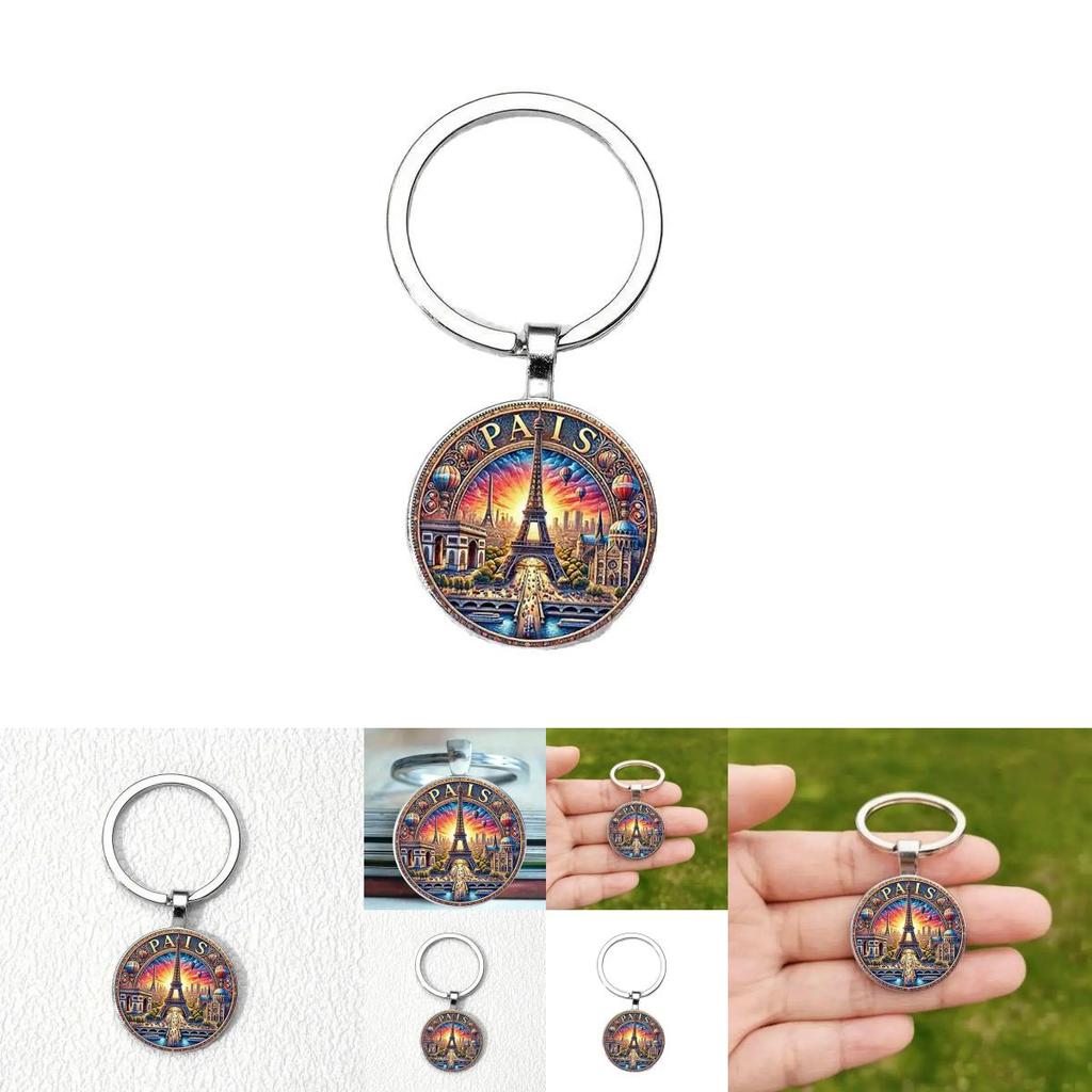 Sunset Paris Theme Keyring With Glass Pendant For Gift And Collection