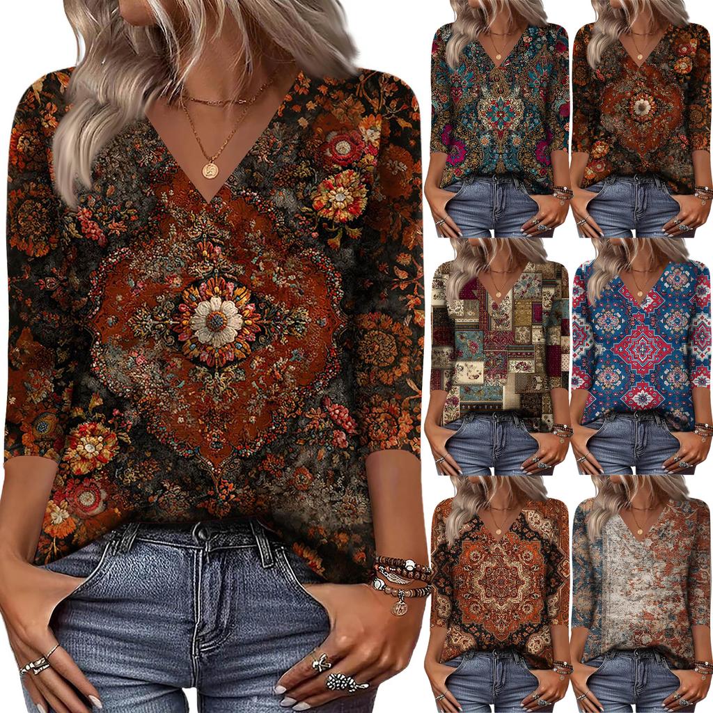 Women's 3/4 Sleeve Shirts V Neck Print Tops Casual Tops Basic Tees Blouse Loose Tops