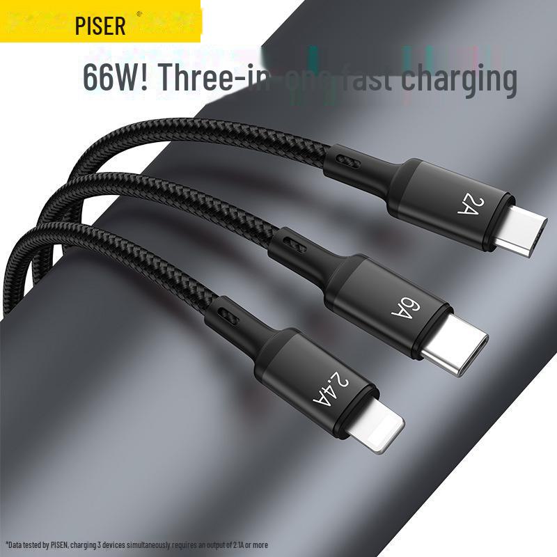 PISEN 66W Кабель для быстрой зарядки 3-в-1 для устройств Apple и Android