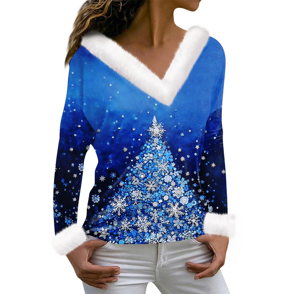 Женская мода с длинным рукавом и рождественским принтом для вечеринок, плюшевый повседневный топ с V-образным вырезом