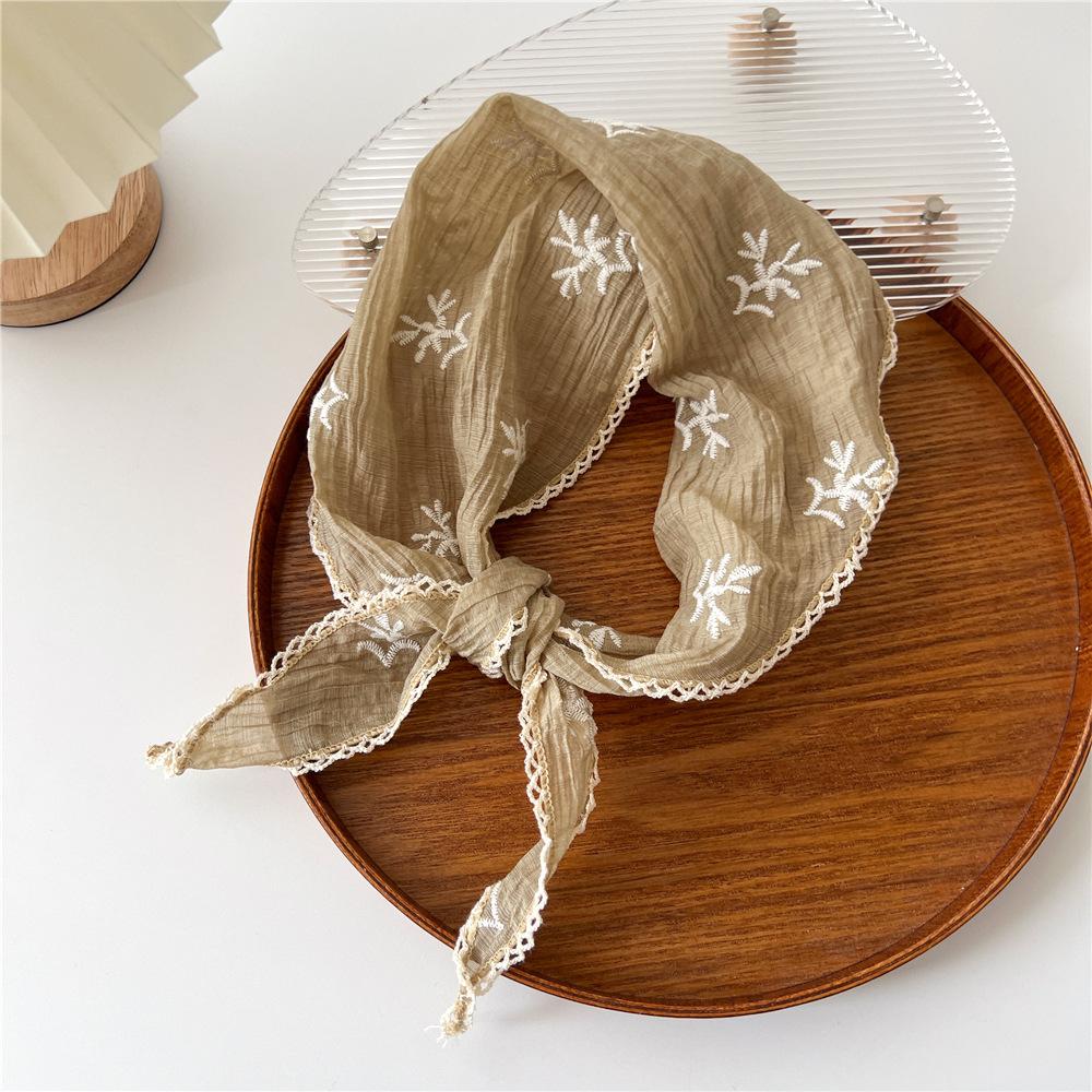 Cotton Linen Lace Triangular Scarf For Women In Spring Autumn And Summer Small Floral Small Scarf Headband Decoration Thin Style Wrapped Silk Scarf