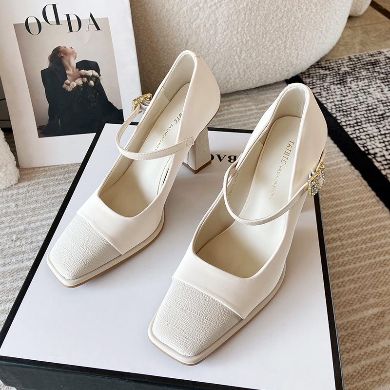 Туфли-лодочки Мэри Джейн на высоком каблуке, женские, на толстом каблуке, темпераментные, светские, весенние, комбинированные, модные, с квадратным носком, с ремешком на одной пряжке, одинарные туфли