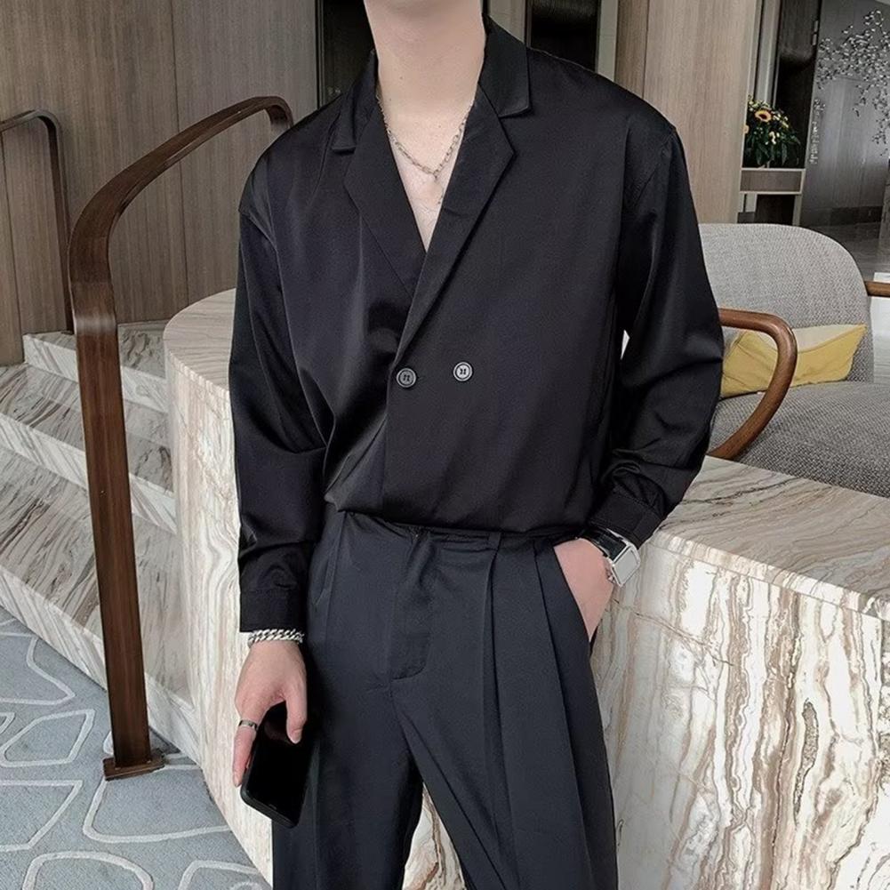 Spring Men Shirt Turn-down Collar Ice Silk V Neck Loose Double Buttons Solid Color Baggy Loose Soft Breathable Long Sleeves Male