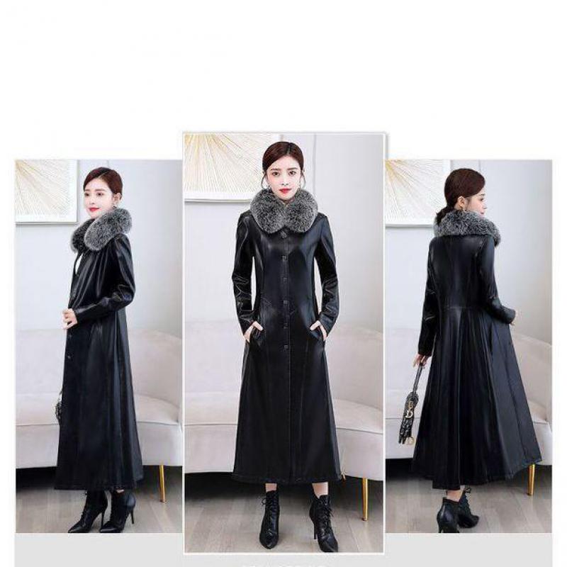 Осенне-зимнее теплое утолщенное лисье меховое женское длинное кожаное пальто-ветровка красного, черного цвета, тонкое модное пальто