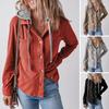 Spring Fall Women Shirt with Patchwork Hood And Chest Pockets Drawstring Single-breasted