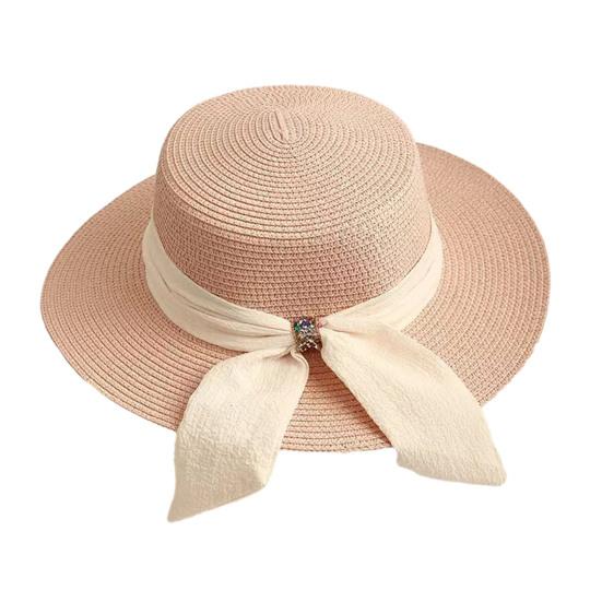 Straw Hat Lightweight Breathable Flat Top Wide Brim Sun Protection Hat Metal Buckle Ribbon Decorated Hat Summer Beach Hat