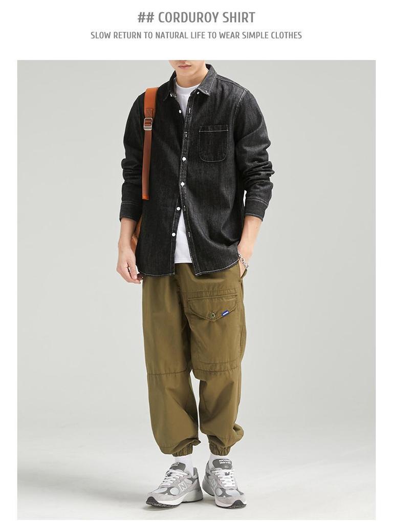 Мужская рубашка из стираного денима в стиле ретро с длинным рукавом - весенняя повседневная однотонная рубашка с тонкими лацканами