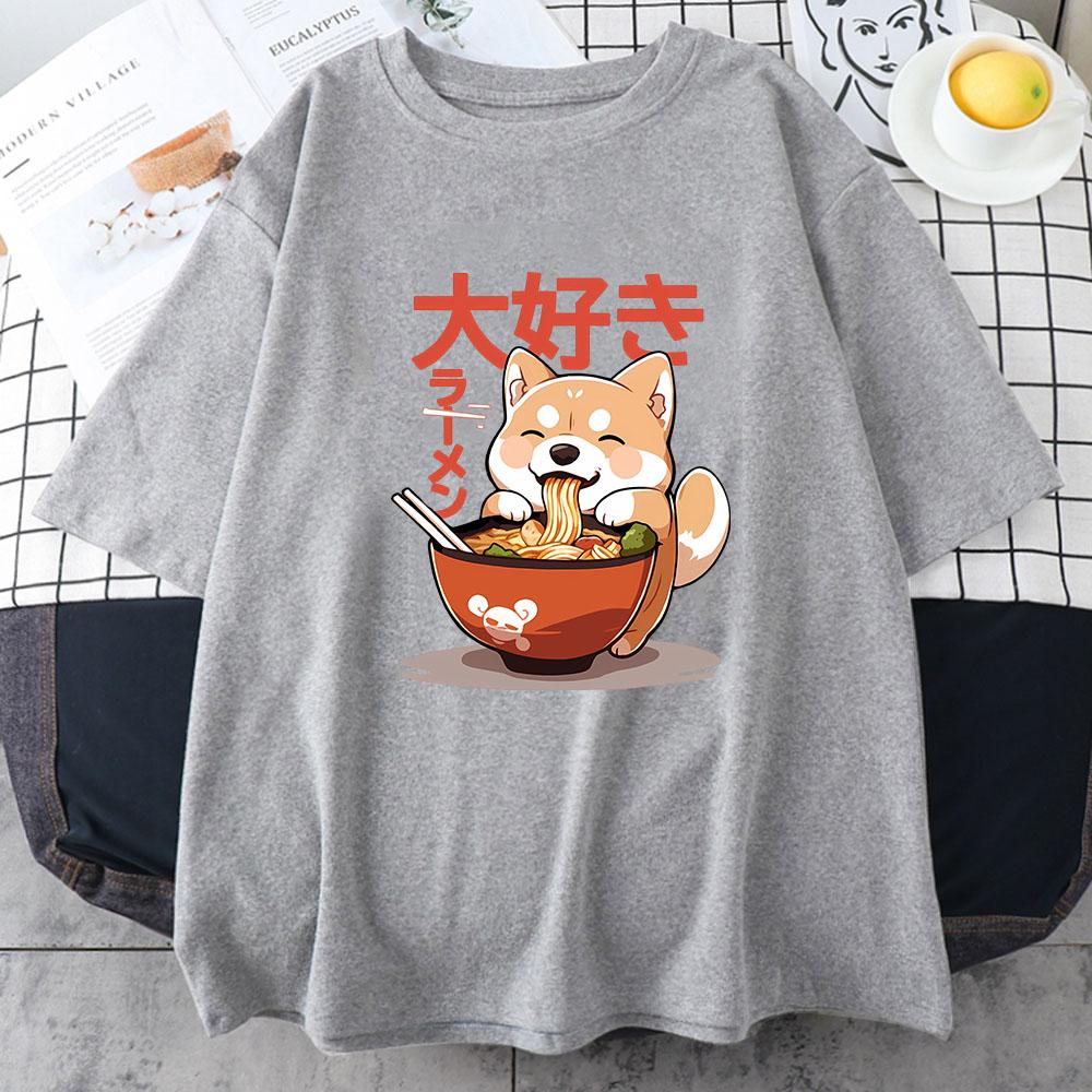 Shiba Inu Enjoying Ramen T-shirts 100% Cotton High Quality Summer Tee-shirt Casual Women/Men Kawaii Tshirt Cute Girls Shirts